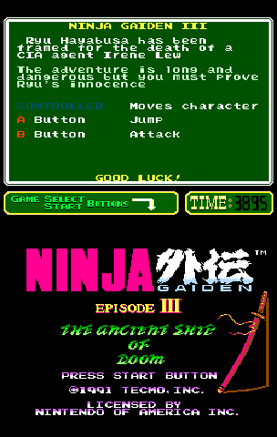 Ninja Gaiden Episode III: The Ancient Ship of Doom (PlayChoice-10) Title Screen
